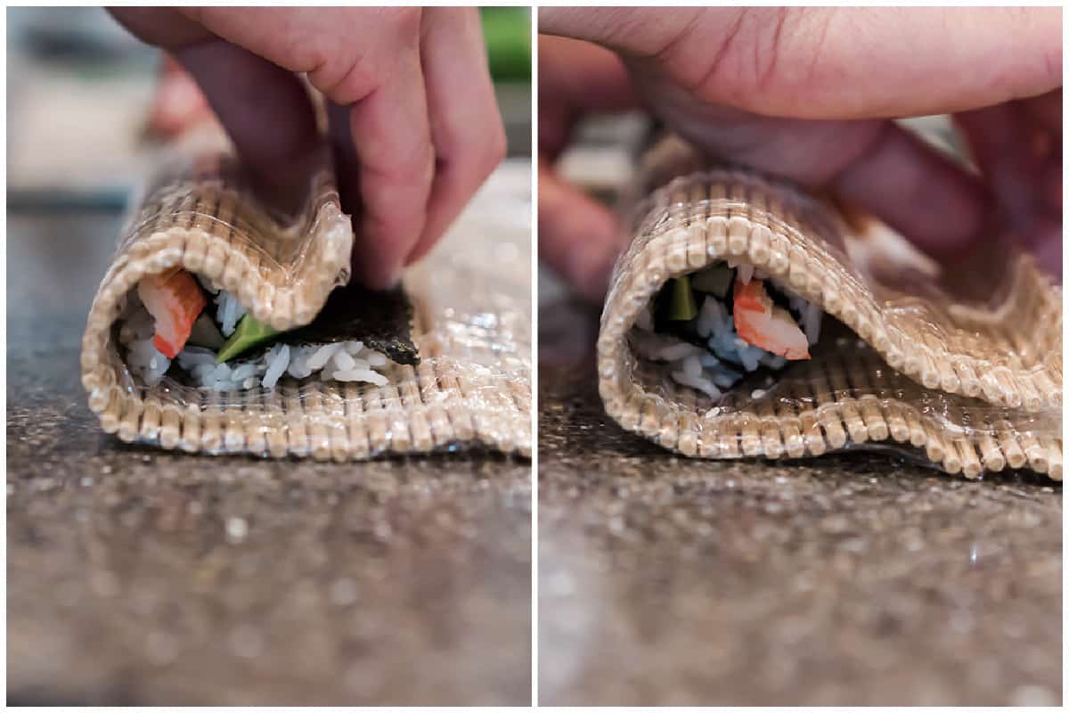 Two images showing how to roll a California Roll with a bamboo mat.