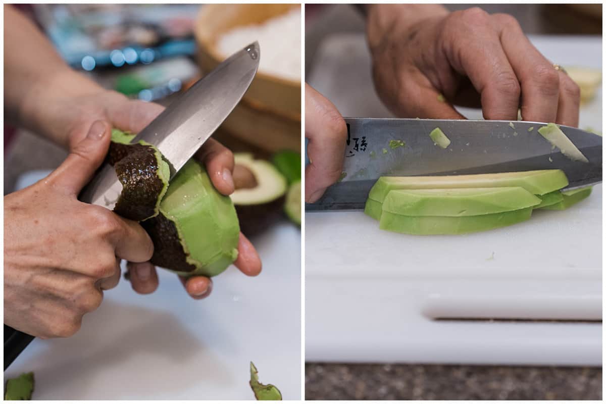 A two image collage showing an avocado being peeled and then sliced into long pieces.