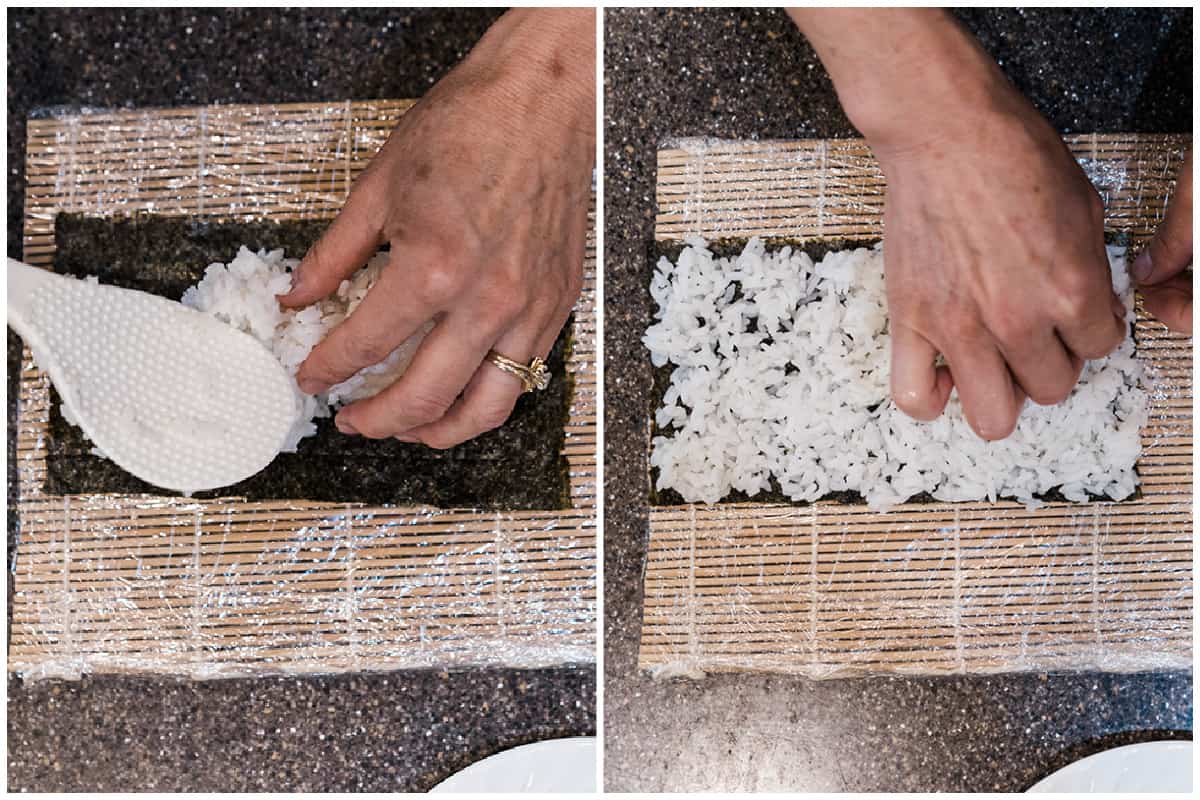 Two images showing sushi rice being carefully spread on a sheet of Nori to make California sushi roll.