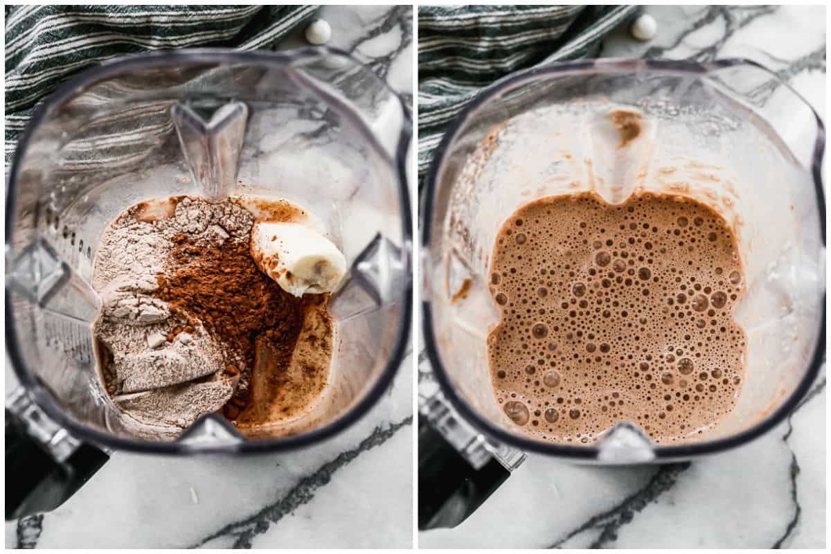 Two images showing all the ingredients needed for a chocolate protein shake in a blender, and then after it is blended.