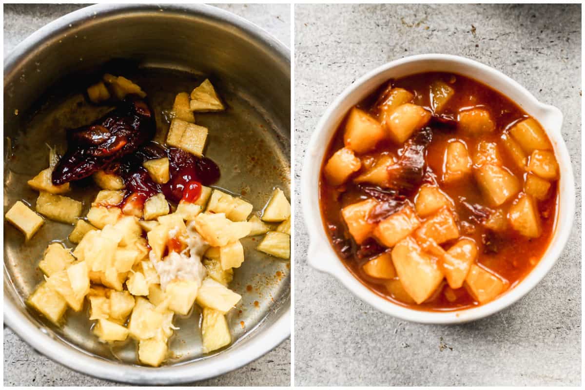 Two images showing fresh pineapple, honey, lime juice, and spices combined to make a homemade pineapple sauce in a small saucepan, then the sauce in a white bowl. 