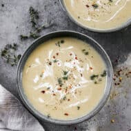 Two bowls of easy Leek and Potato Soup, ready to enjoy.