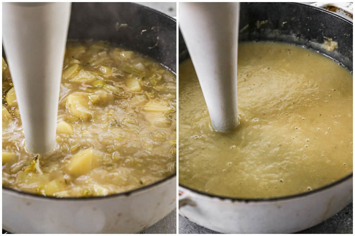 Two images showing the best potato and leek soup recipe being blended with a white emersion blender.