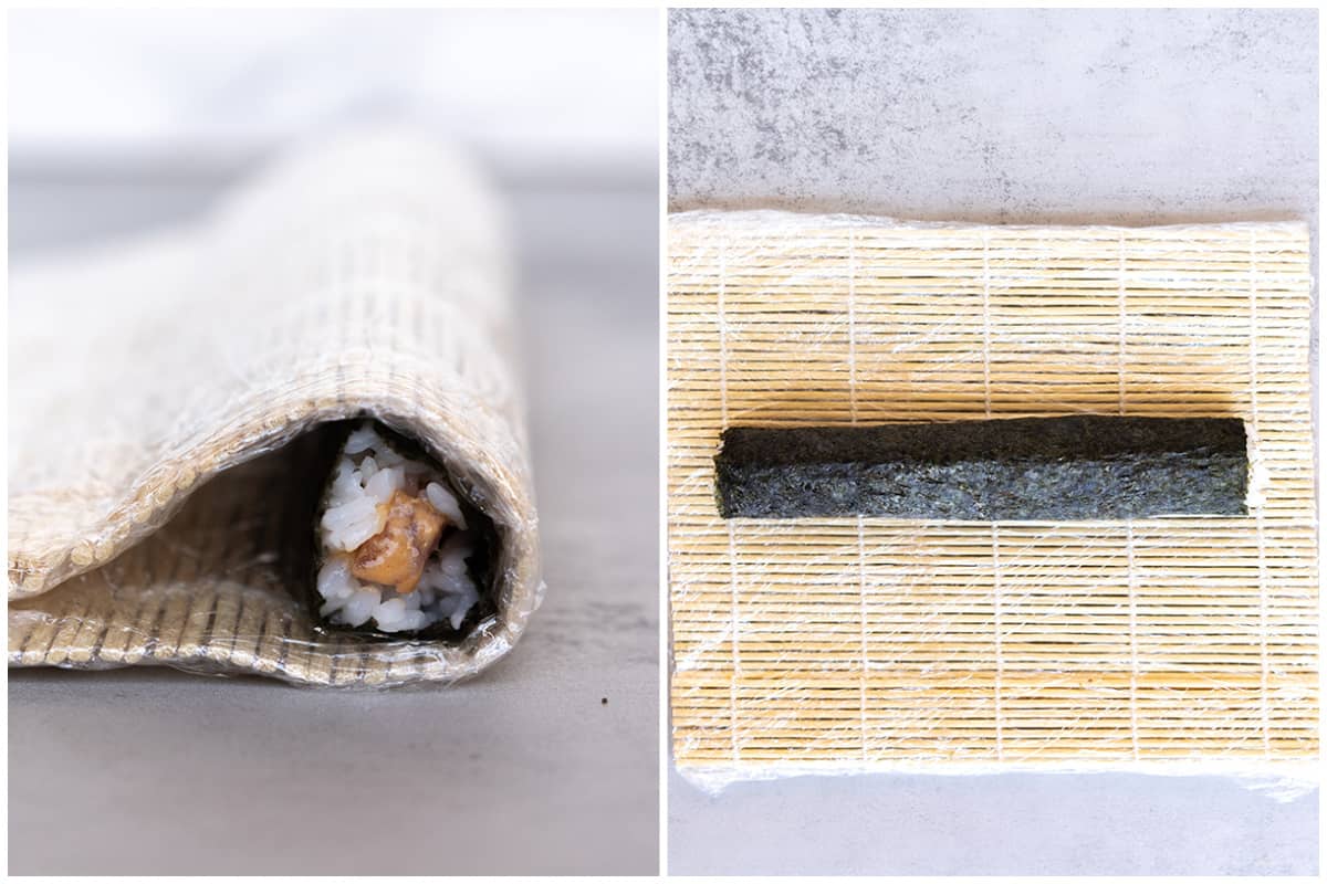 Dua gambar menunjukkan Gulungan Sushi Tuna Pedas digulung di dalam tikar sushi, lalu gulungan yang sudah jadi.