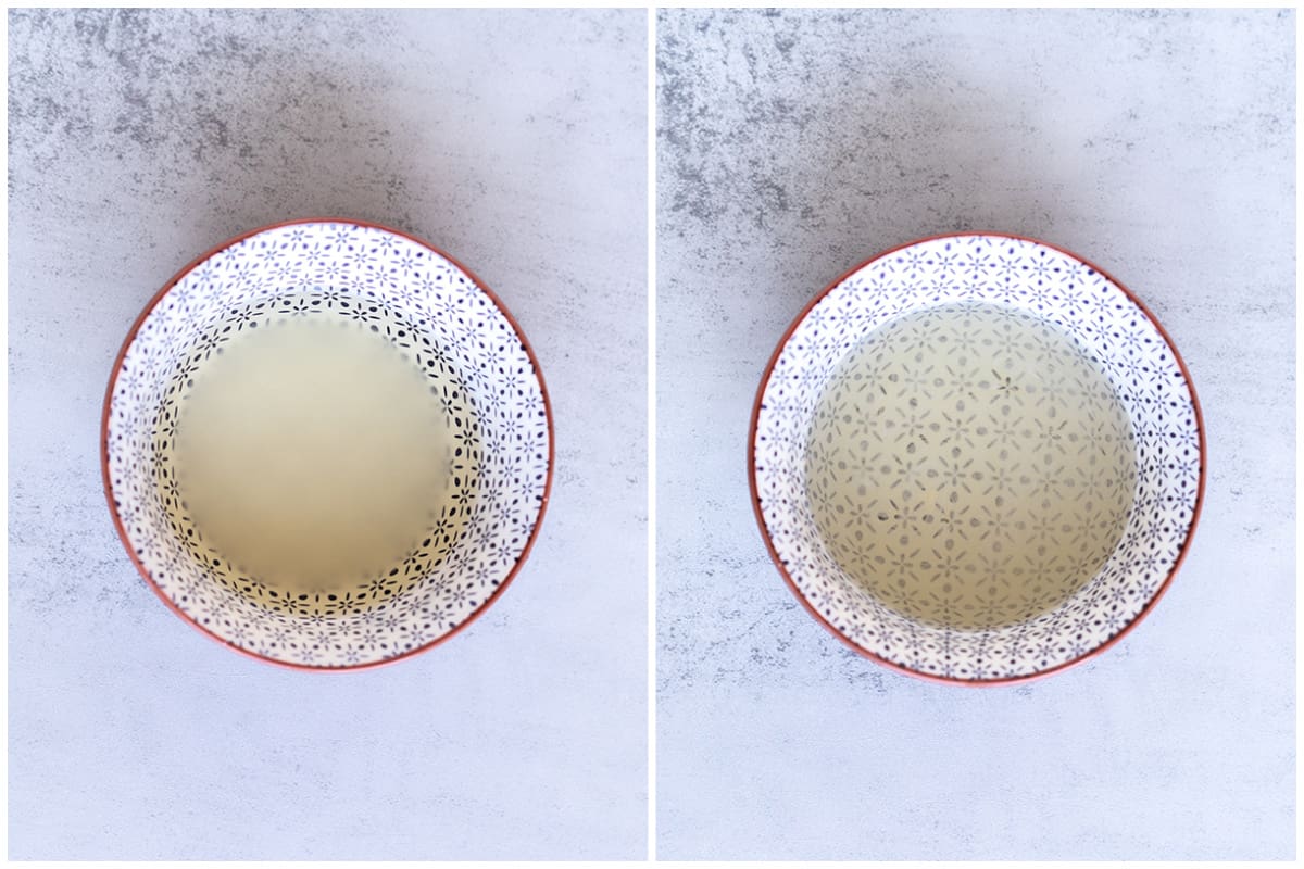 Dua gambar menunjukkan bumbu cuka sushi dengan semua bahan ditambahkan, lalu setelahnya dengan gula dan garam yang dilarutkan dalam cuka beras.