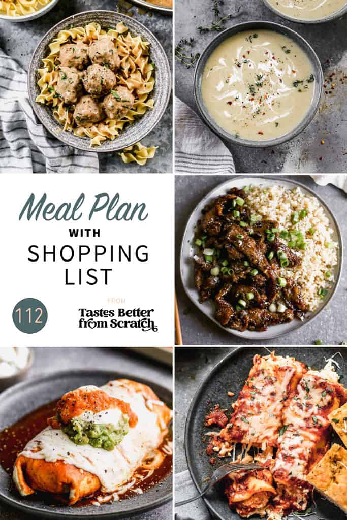 A collage of 5 dinner recipes from meal plan 112.