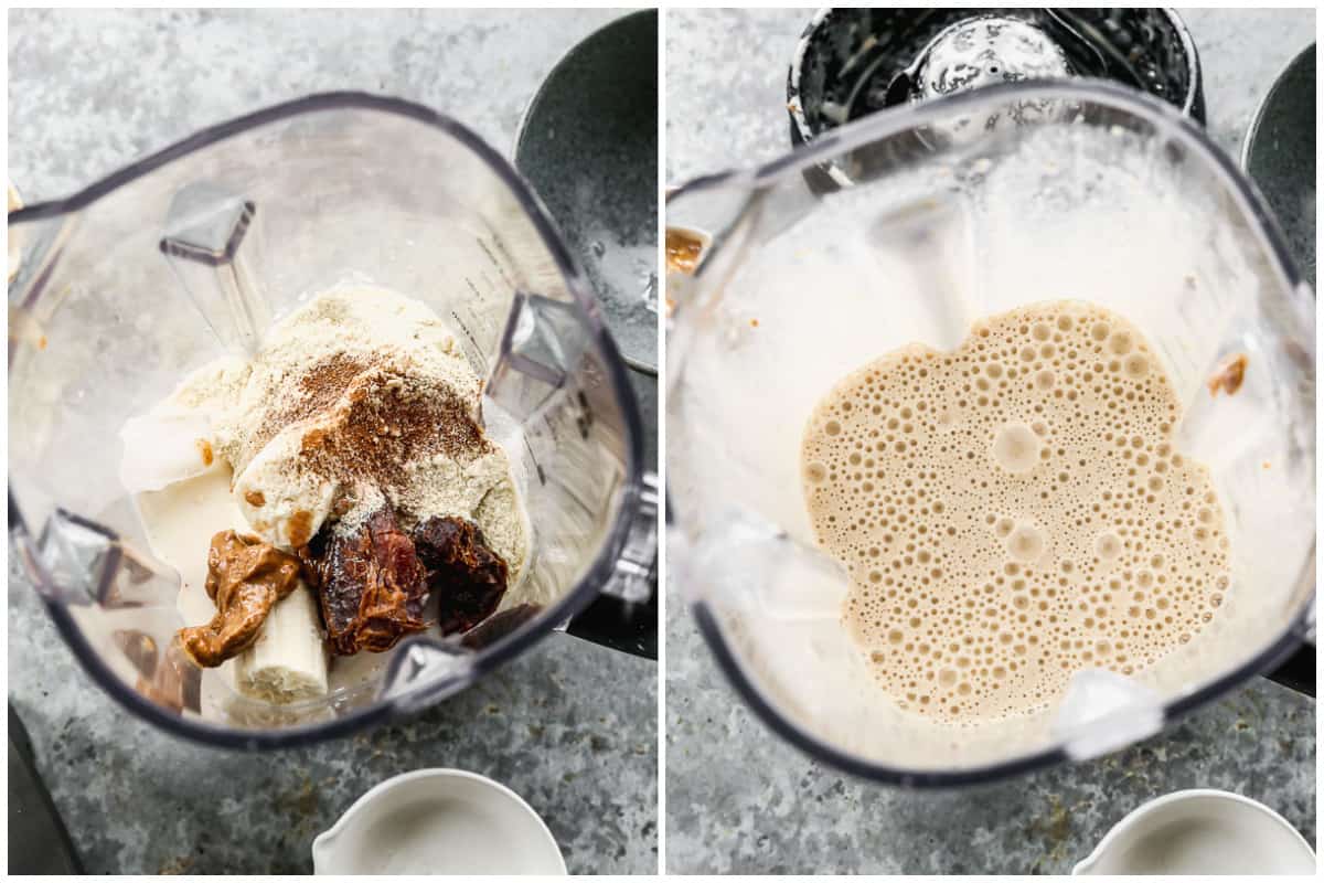 Two images showing all the ingredients in a blender for a Vanilla Protein Shake, then a picture showing after it's blended smooth.