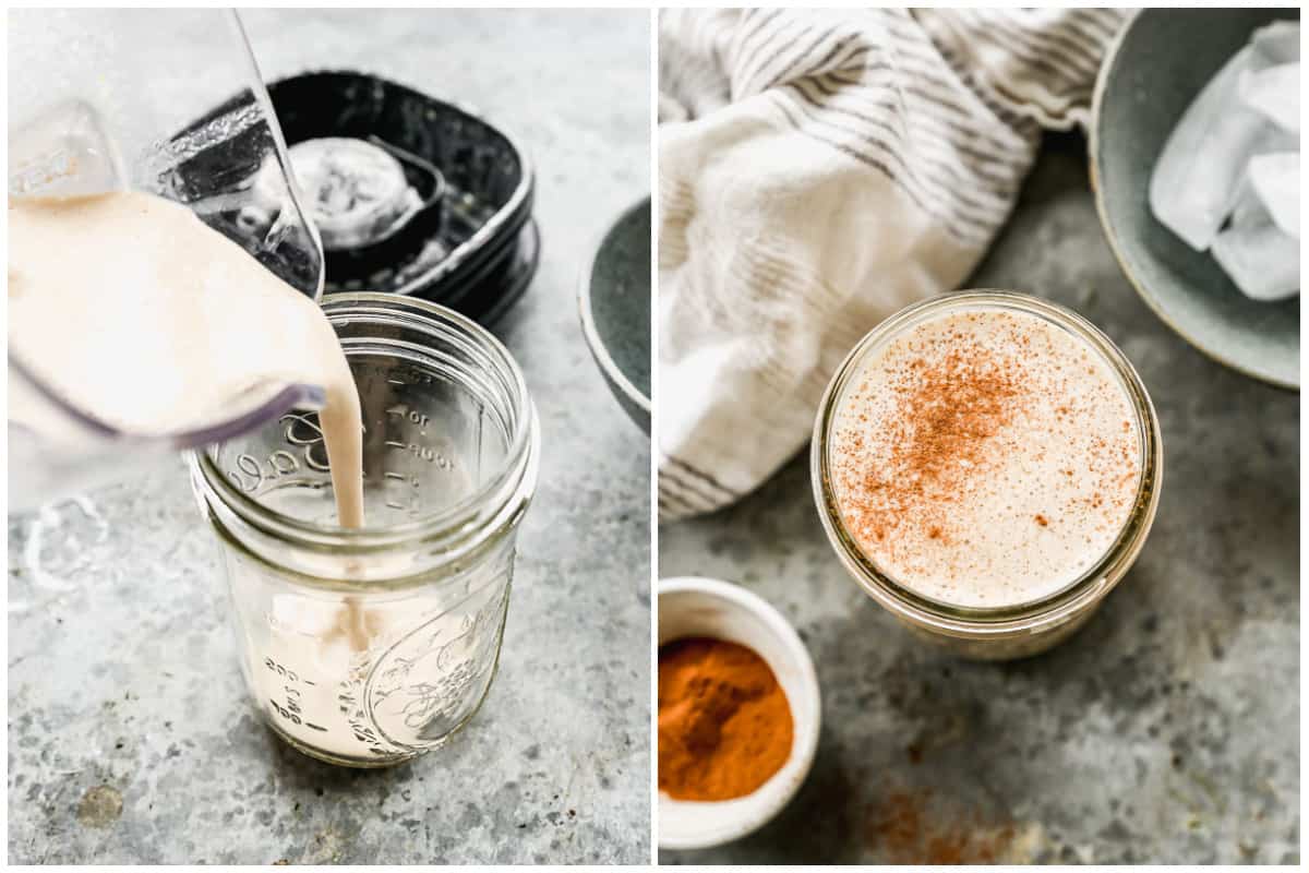 Two images of a vanilla protein shake recipe being poured in a mason jar, then the shake sprinkled with cinnamon, ready to enjoy. 