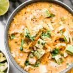 This Creamy White Chicken Chili recipe is healthy, high in protein, and flavorful. We get that creamy texture from blended beans so you can enjoy it and still feel great!