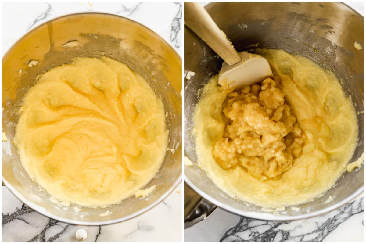 Dua gambar menunjukkan krim mentega dan gula dengan telur.  dicampur menjadi satu, lalu pisang yang sudah dihaluskan dilipat menjadi adonan roti pisang.