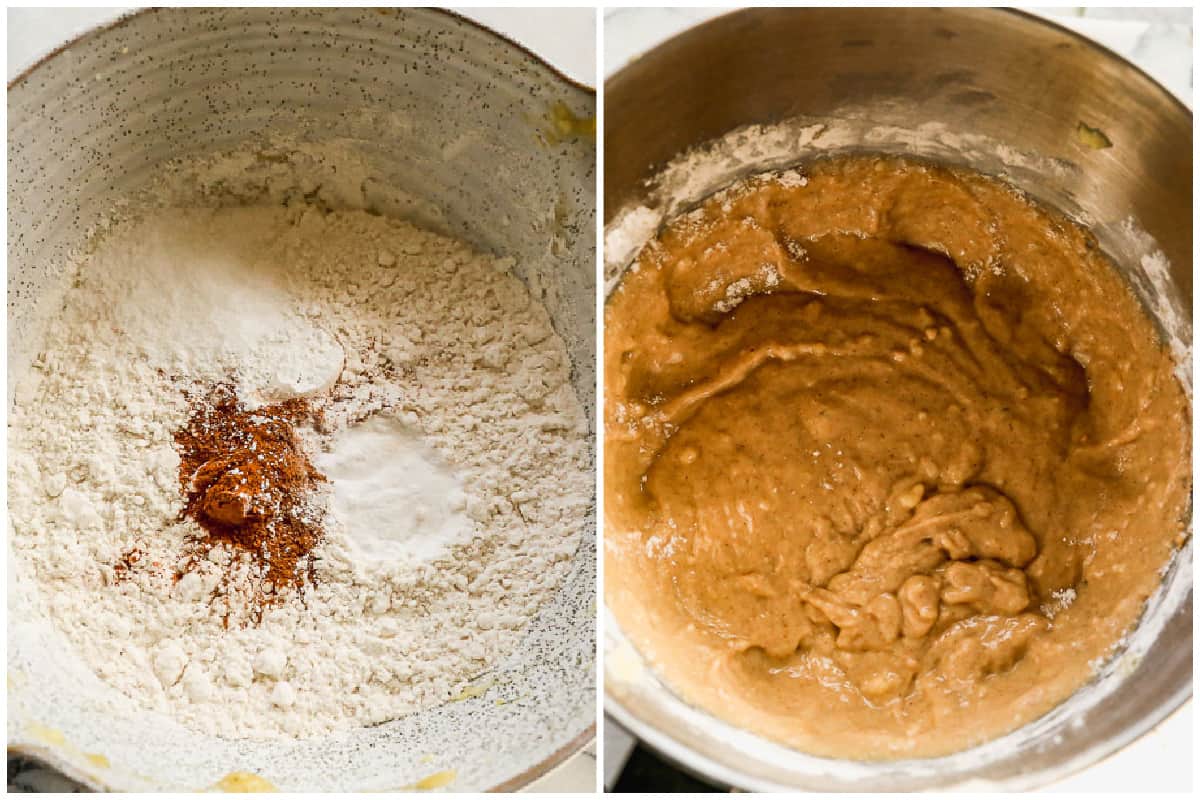 Two images showing the dry ingredients needed for banana bread in a bowl, and then what the batter looks like after the dry ingredients are incorporated.