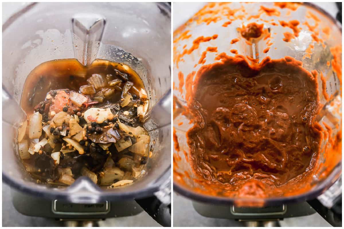 Dua gambar yang menunjukkan kaldu ramen birria sebelum dan sesudah dicampur dalam blender. 