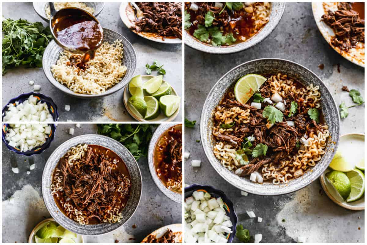A three image collage of showing how to assemble Birria Ramen. 