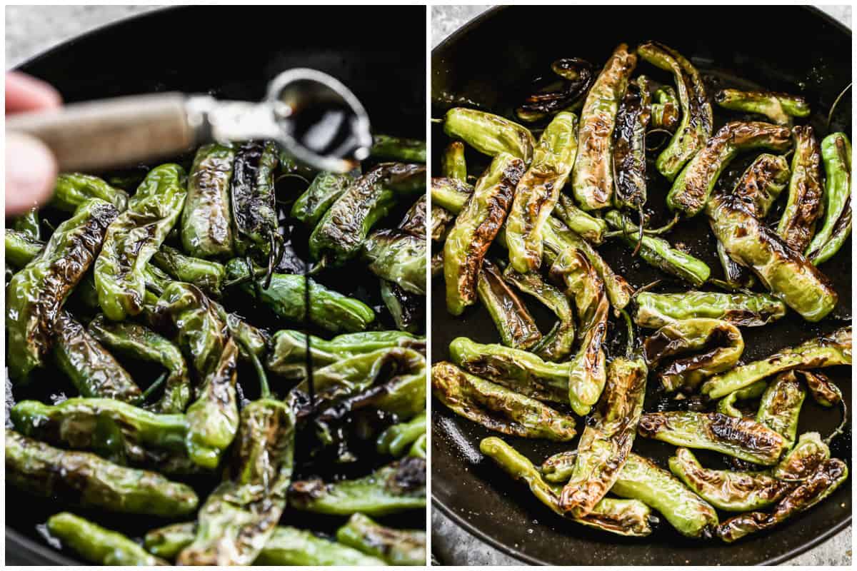 A two image collage of the first image being drizzled with soy sauce, and the second one a picture of the Blistered Shishito Peppers in a pan.