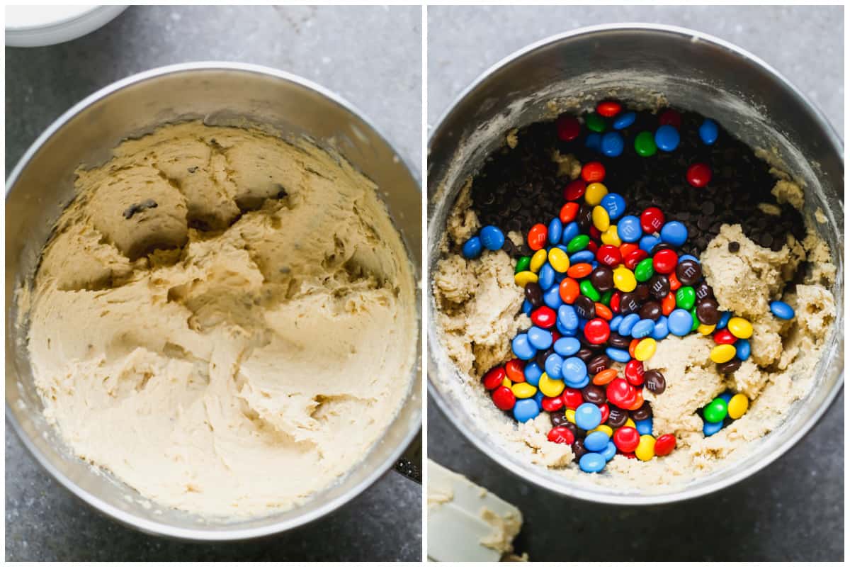 A mixing bowl with cookies dough and then M&M's and mini chocolate chips added on top.