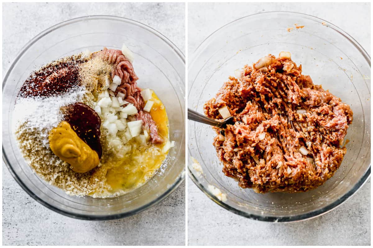 Two images showing all of the meatloaf ingredients in a bowl, and then all of it mixed together for Mini Meatloaf.