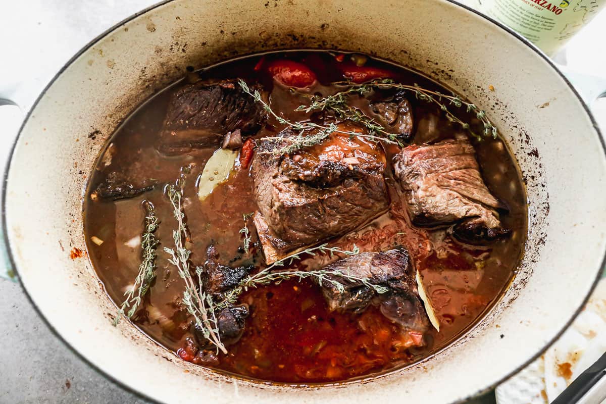 A pot filled with beef froth, tomatoes, a cheese rind, seasonings, and short ribs simmering in a large dutch oven.