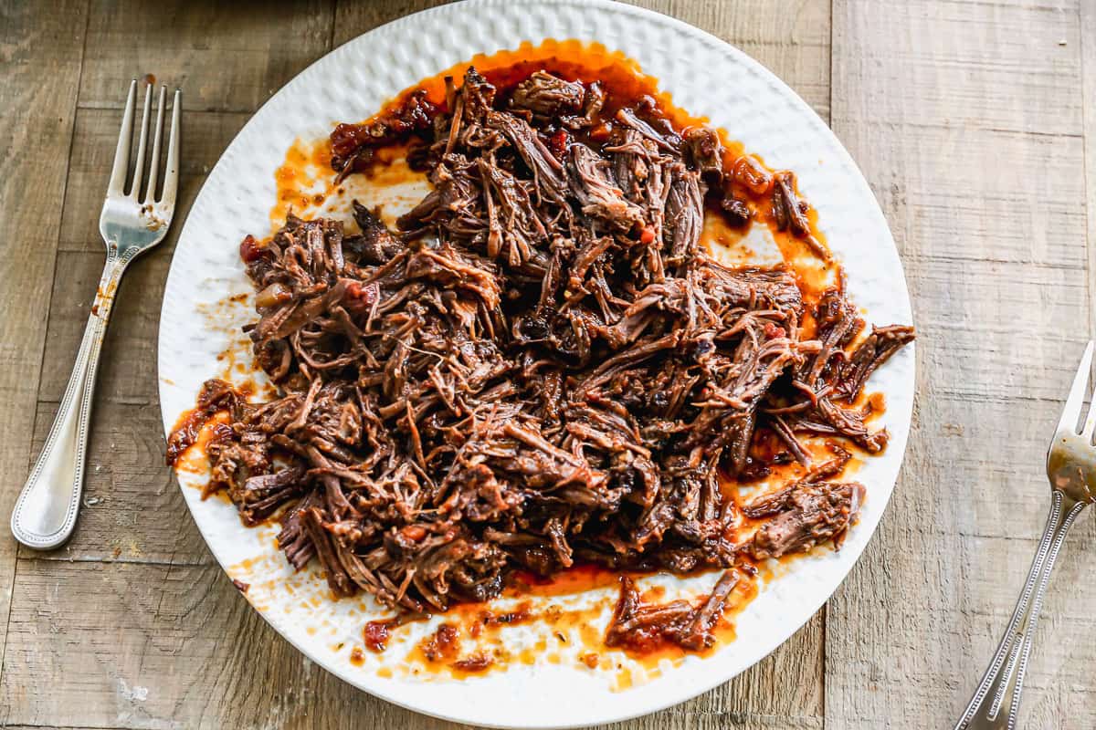 A white plate filled with shredded beef short ribs to make homemade Short Rib Ragu.