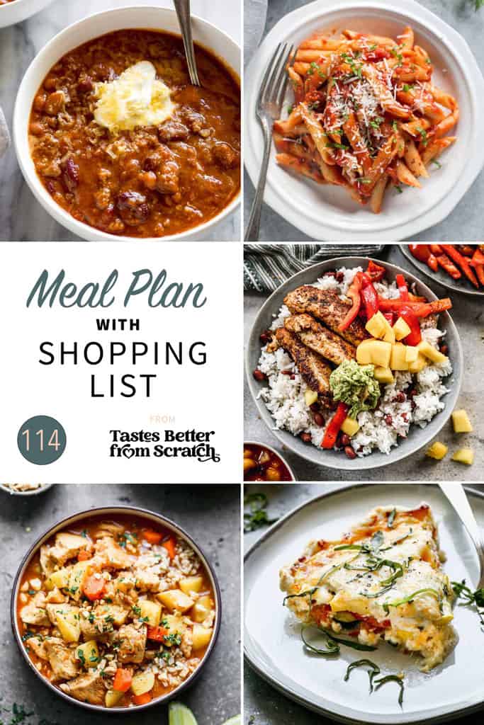 A collage of 5 dinner recipes for meal plan 114.