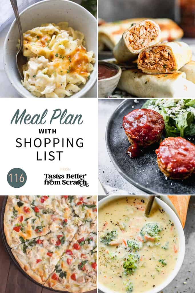 A collage of 5 dinner recipes from meal plan 116.