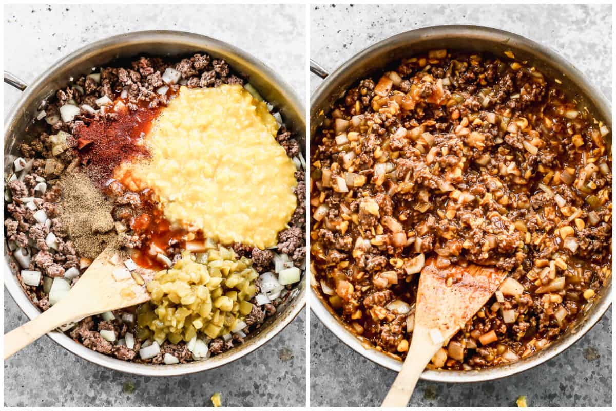 Two images showing corn, chilies, enchilada sauce, and spices dumped on top of cooked ground beef, and then everything stirred together.