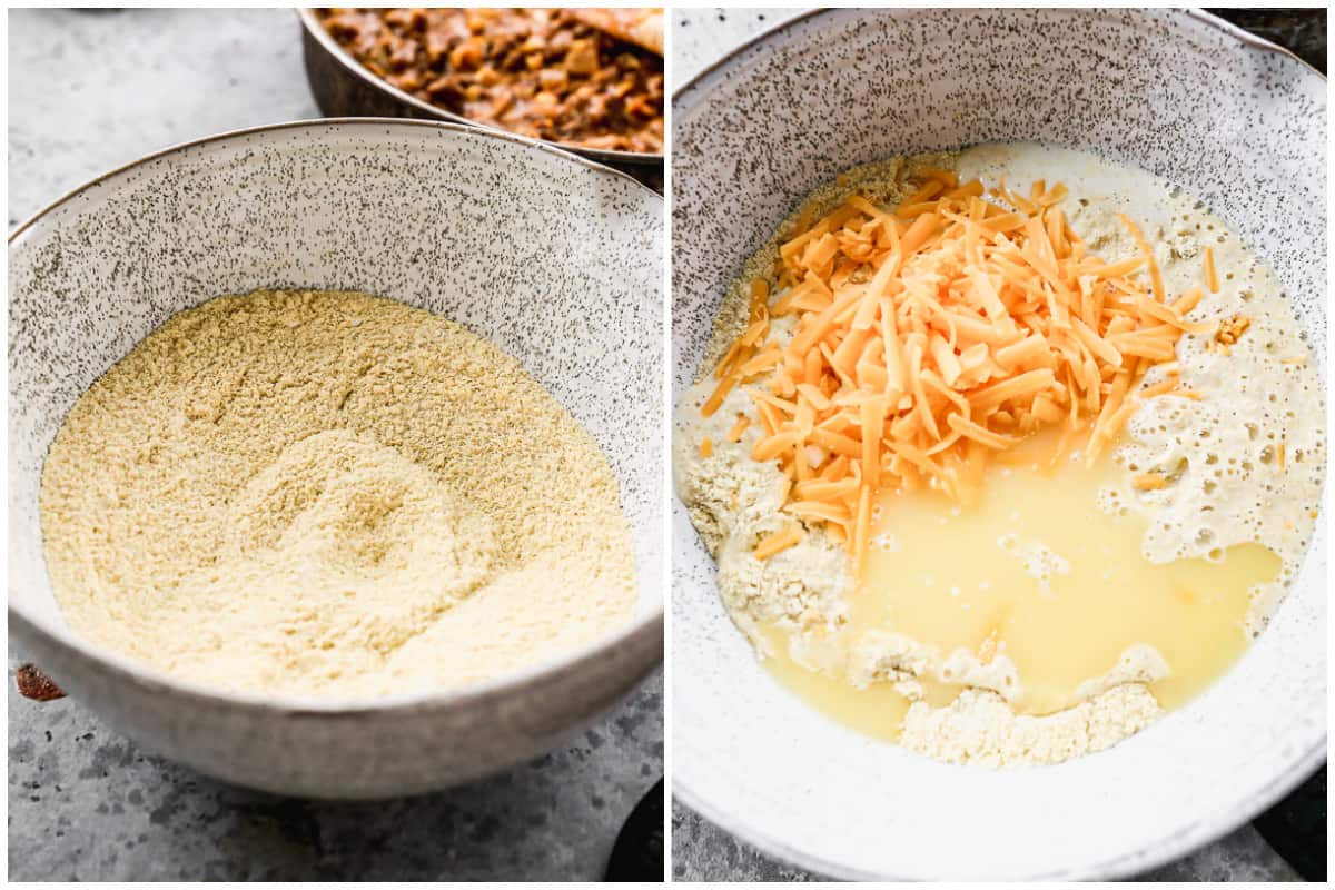 Dua gambar memperlihatkan semangkuk tepung masa lalu gambar yang memperlihatkan keju, mentega, dan susu di atasnya untuk membuat topping masa untuk resep Tamale Pie.