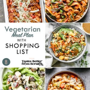 a collage of 5 dinner recipes from vegetarian meal plan 8.