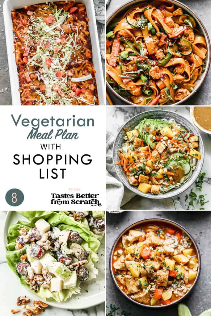 a collage of 5 dinner recipes from vegetarian meal plan 8.
