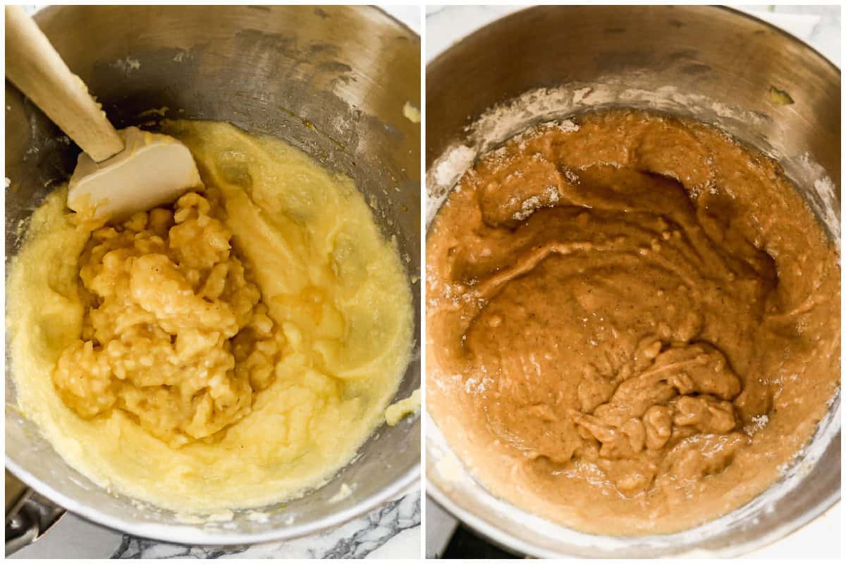 Two images showing how to make banana bread by combining the wet ingredients then after the dry ingredients are added into the batter.