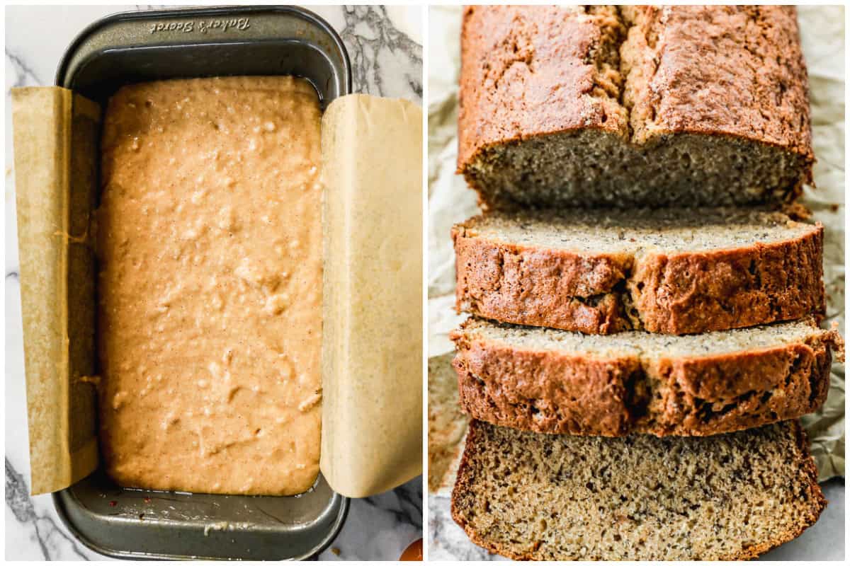 Two images showing an easy banana bread recipe before and after it's baked and sliced.