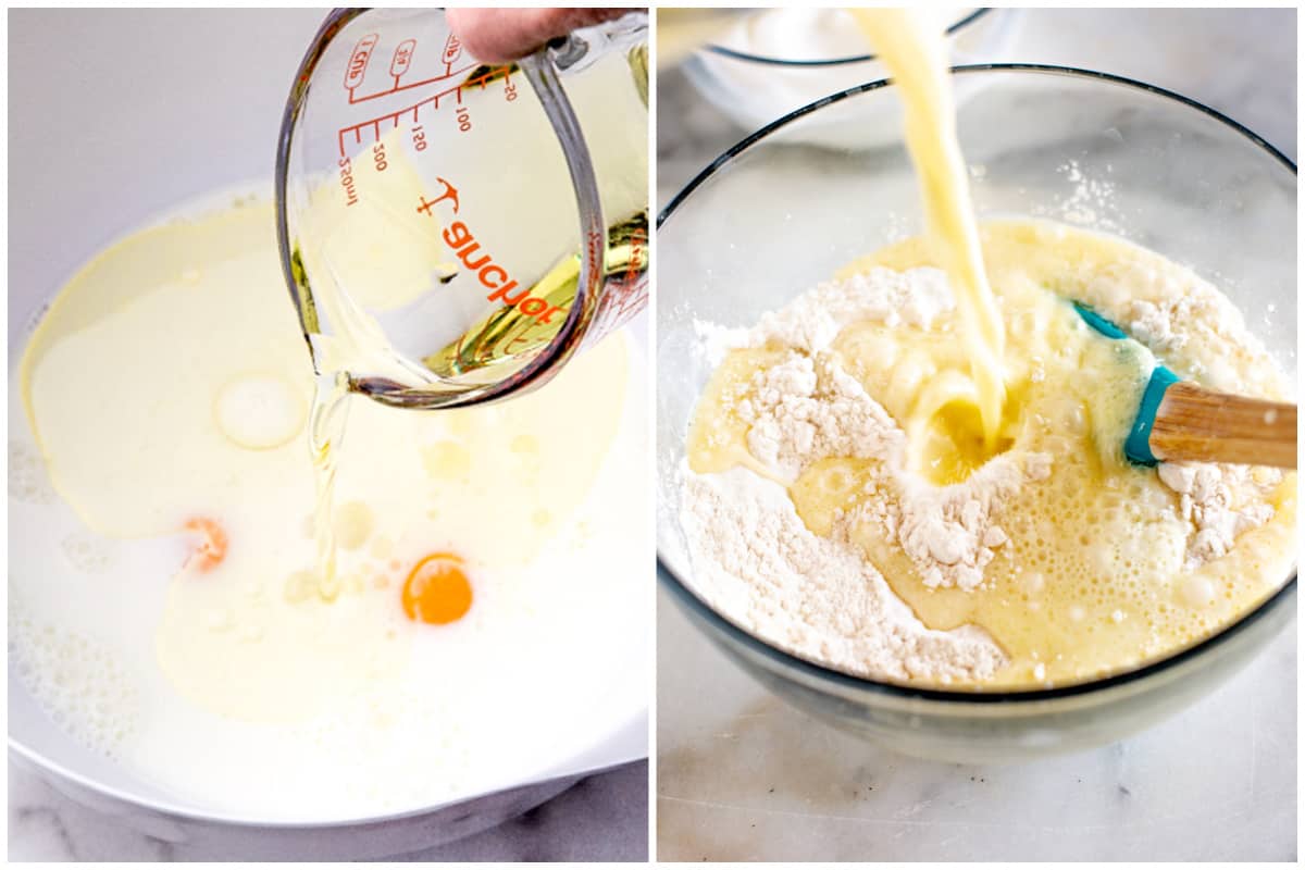 Two images with the first showing the wet ingredients combined for Belgian waffles, and then the wet ingredients are being poured into the dry ingredients.