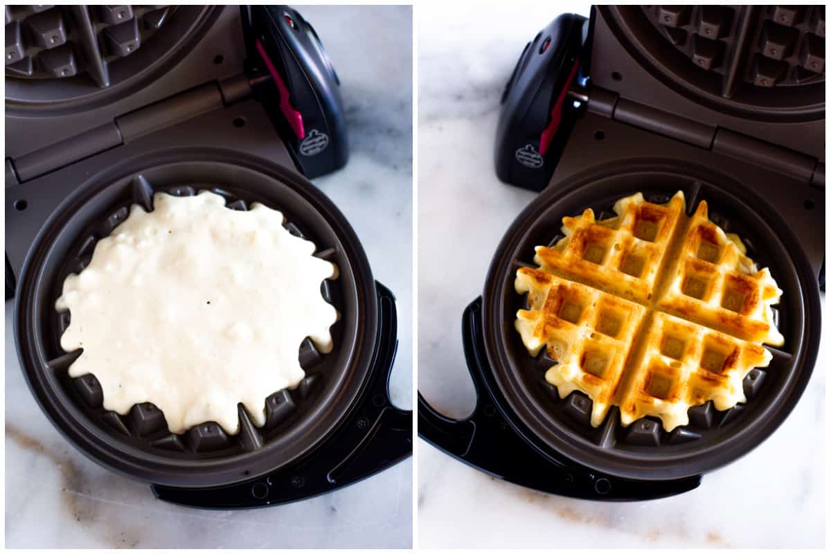 Two images showing Belgian waffle batter on a hot waffle iron, then the waffle golden and cooked.