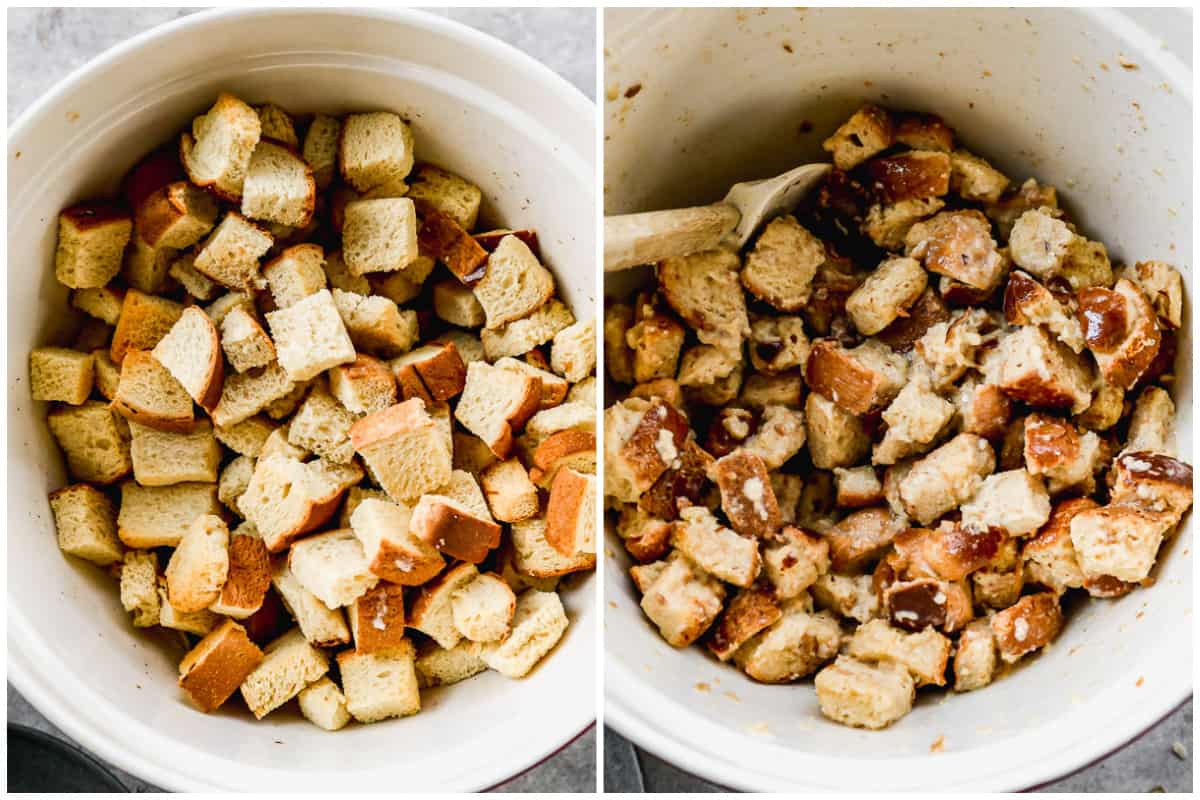 Two images showing dried breadcrumbs being tossed in a batter to make the best bread pudding. 