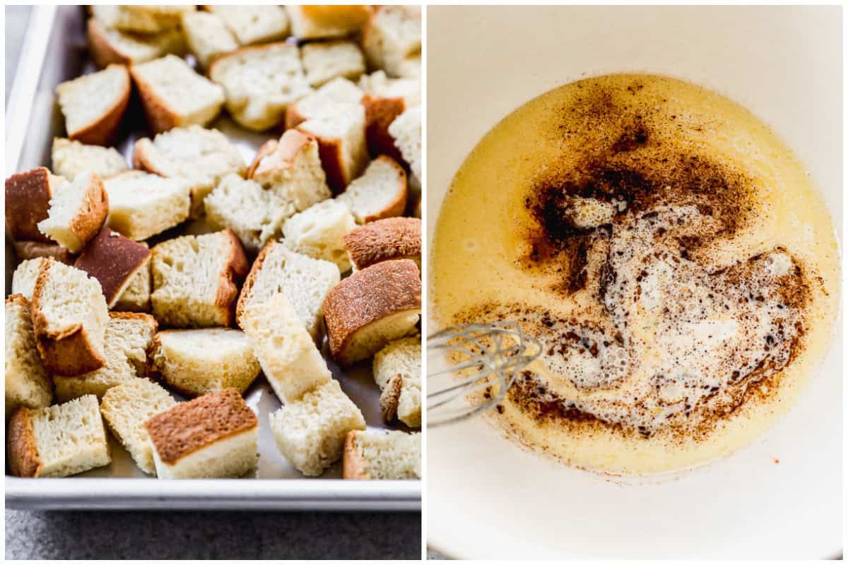 Two images showing bread cut into cubes and dried on a baking sheet, then a bowl with a mixture made of half and half, butter, vanilla, and eggs for an old fashioned bread pudding recipe.
