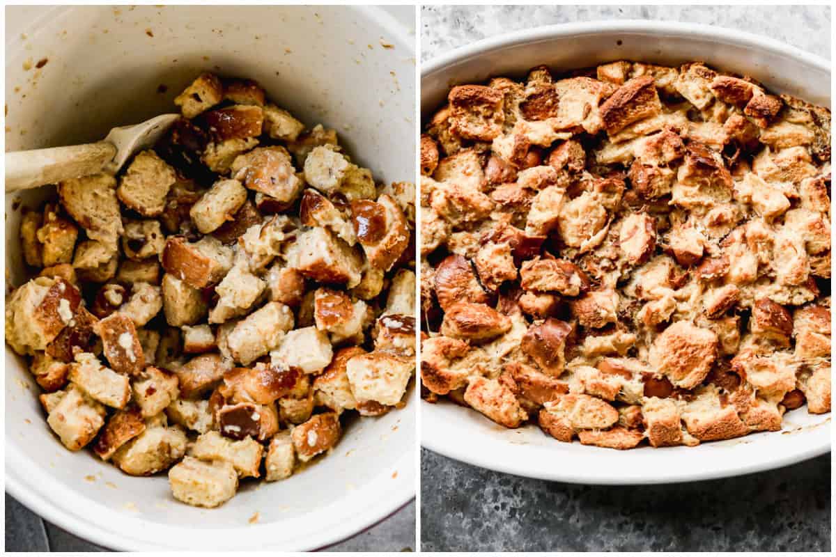 Two images showing how to make bread pudding by combining the wet mixture with the dried bread cubes then baking until golden brown.