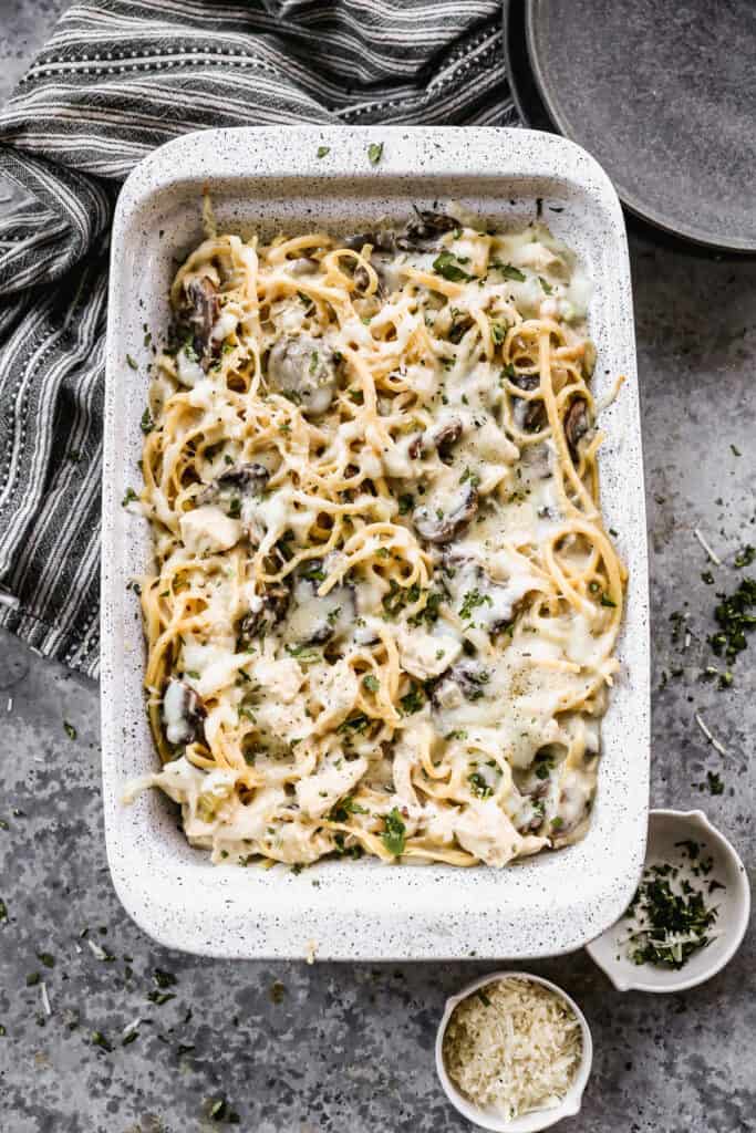 A baking dish filled with homemade Chicken Tetrazzini.