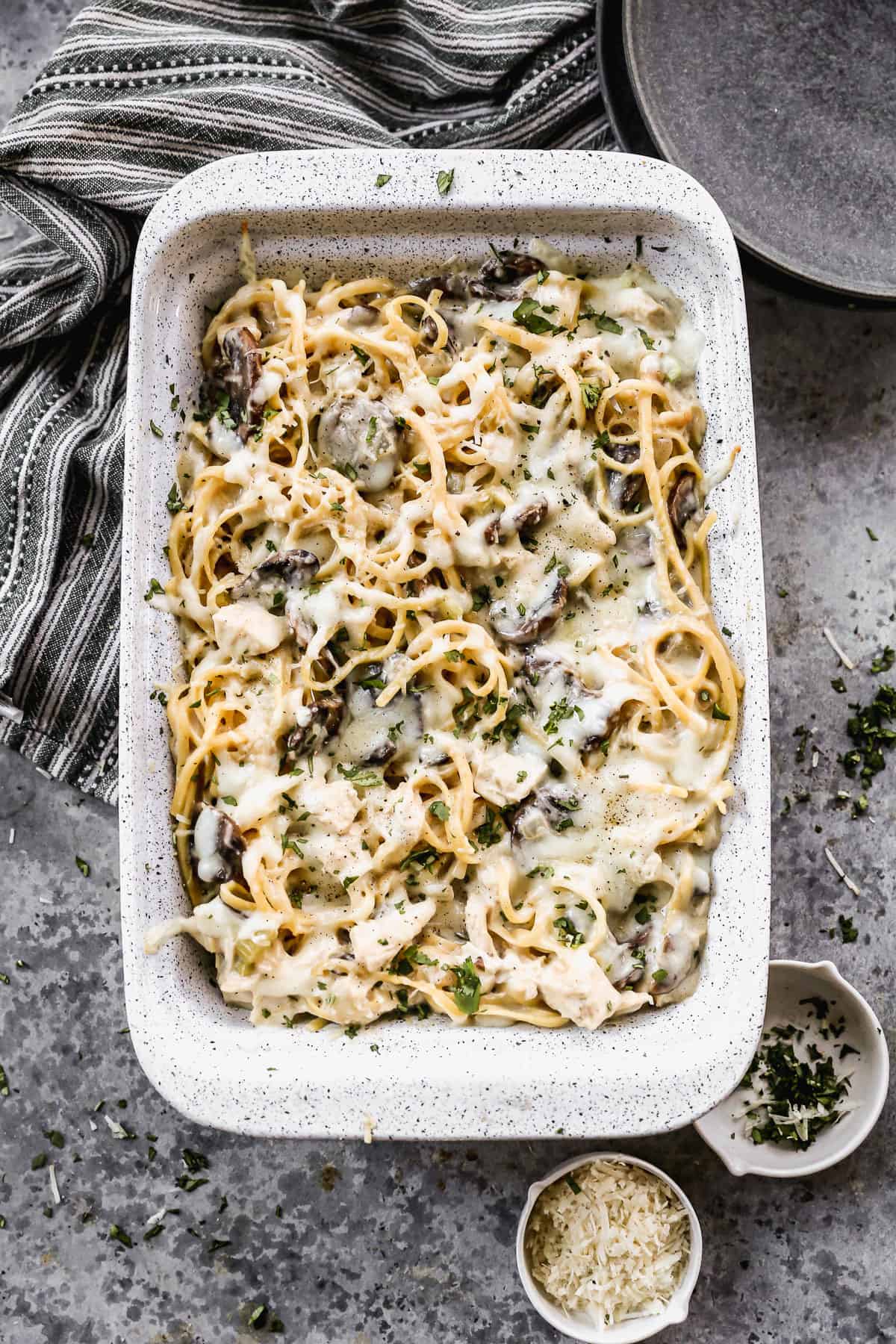 A rectangle baking dish filled with the best Chicken Tetrazzini recipe, ready to serve.