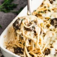 This easy Chicken Tetrazzini recipe is a comforting meal with pasta, chicken, and mushrooms in a homemade cream sauce. It's quick to make and tastes delicious!