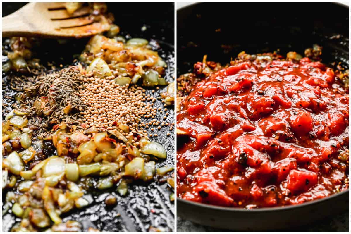 Two images showing spices being added to caramelized onions and diced tomatoes added to make the best Chickpea Curry.