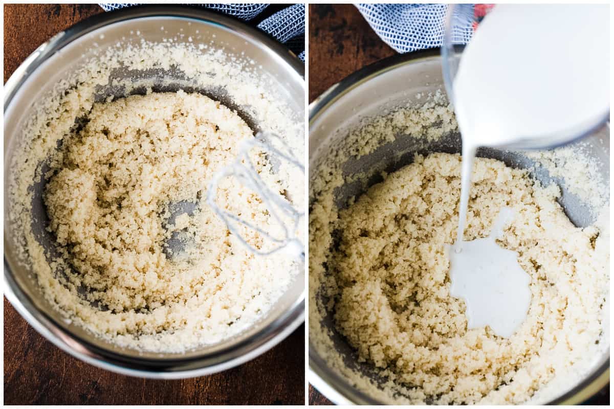 Two images showing creamed butter and sugar and then coconut milk being added to make the best Coconut Cake recipe.