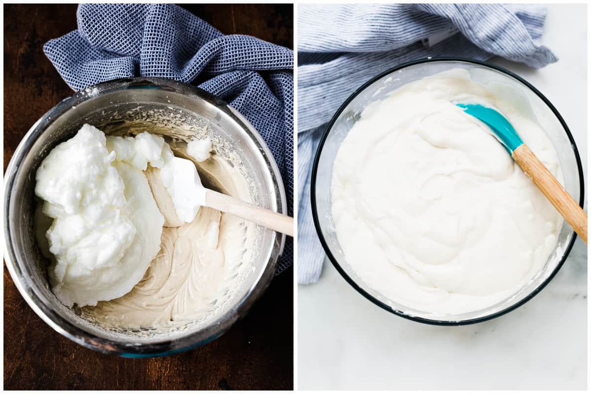 Two images showing whipped egg whites being folded into coconut cake batter, then the cake batter finished and ready to pour in the cake pans.