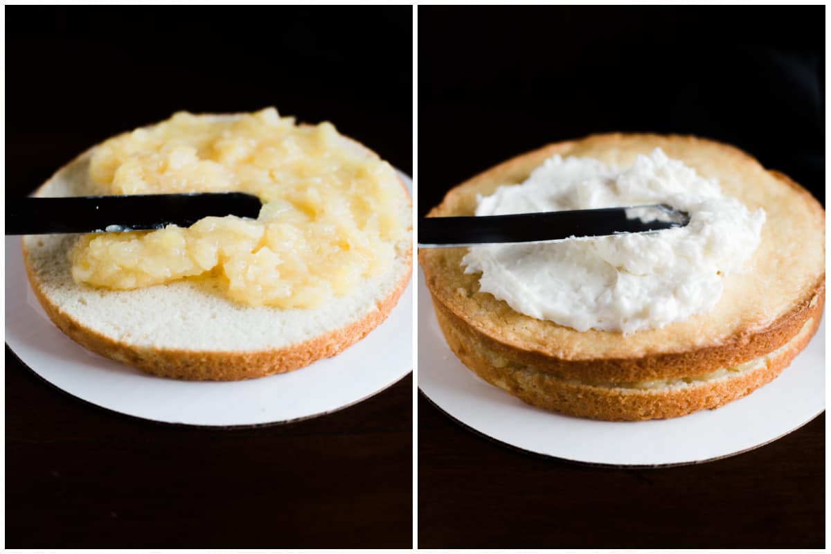 Two images with pineapple filling being spread on top of a layer of coconut cake, then frosting being spread on top of the second layer of cake. 