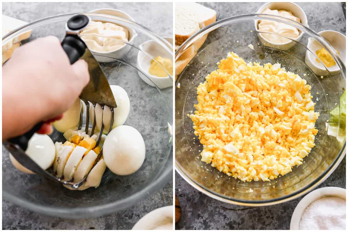 Two images showing boiled eggs being mashed in a glass bowl with a pastry blender, and then a picture of all the eggs mashed for egg salad.