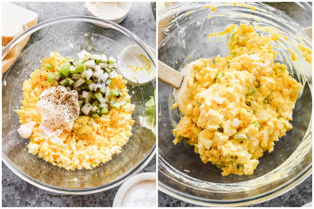 Two process photos for adding egg salad ingredients to a bowl and mixing to combine.