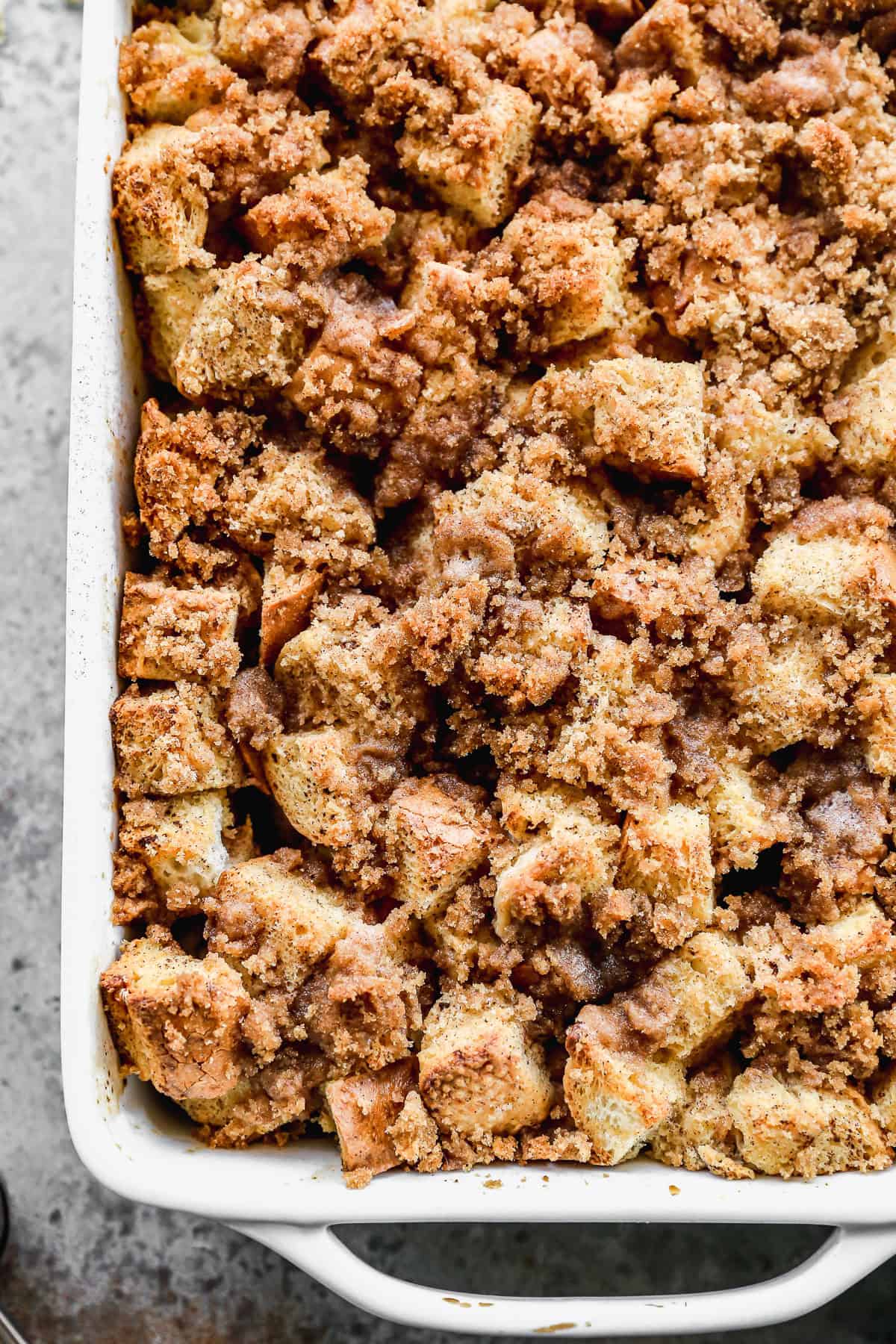 An overhead look of a pan of overnight french toast casserole. 
