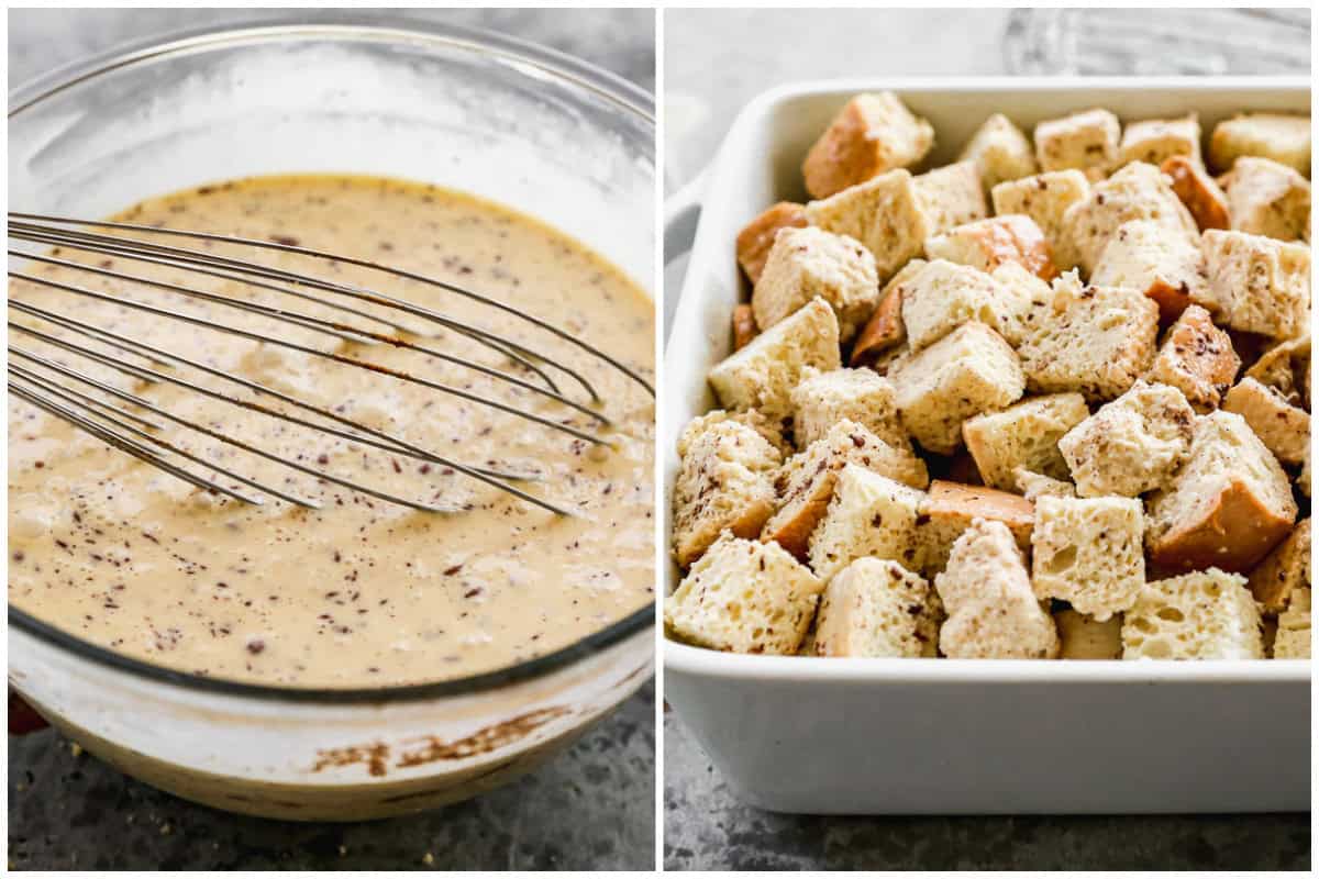 Two process photos for making french toast batter and pouring it over bread cubes in a casserole dish.