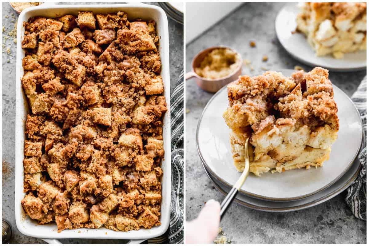 A pan of french toast casserole next to a slice served on a plate.