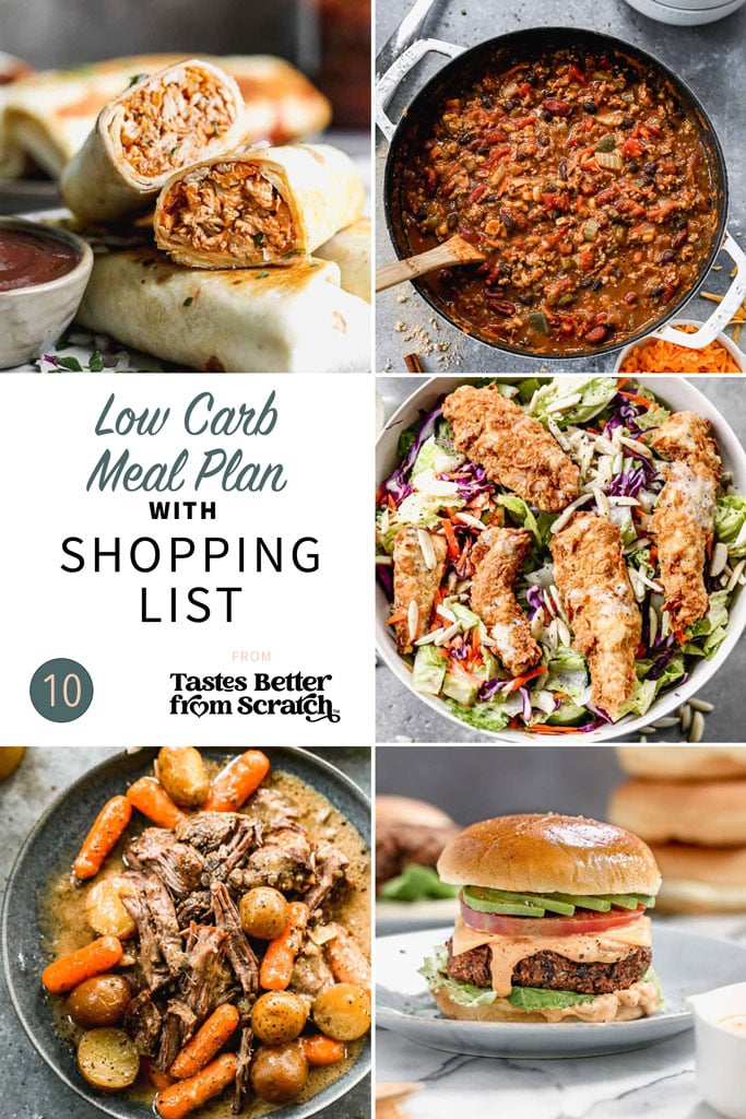 A collage of 5 dinner recipes from low carb meal plan 10.