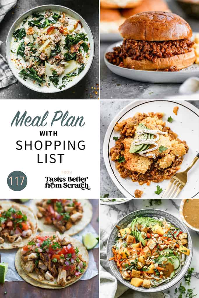 a collage of 5 dinner recipes from meal plan 117.