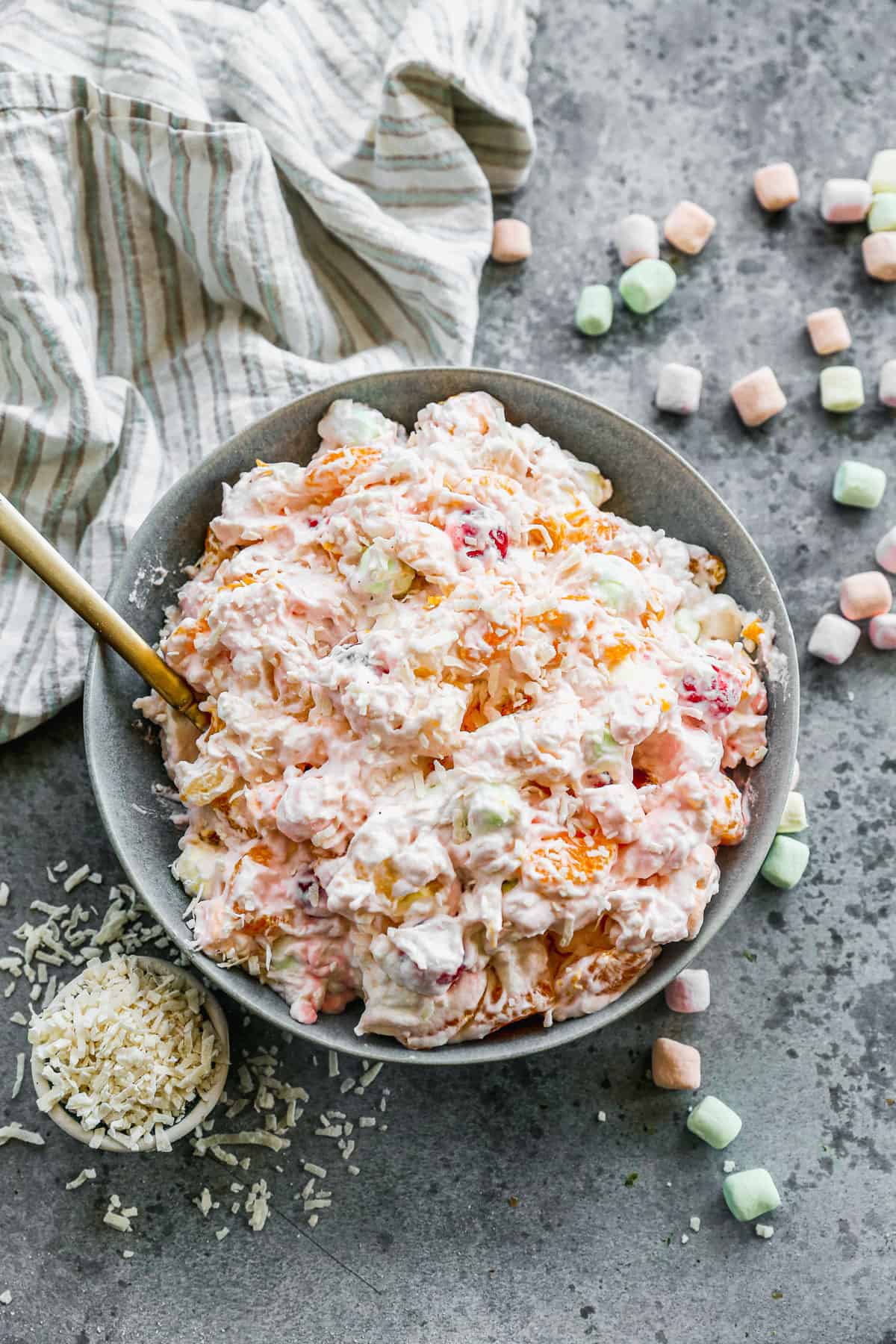 A bowl of homemade Ambrosia Salad, ready to serve.